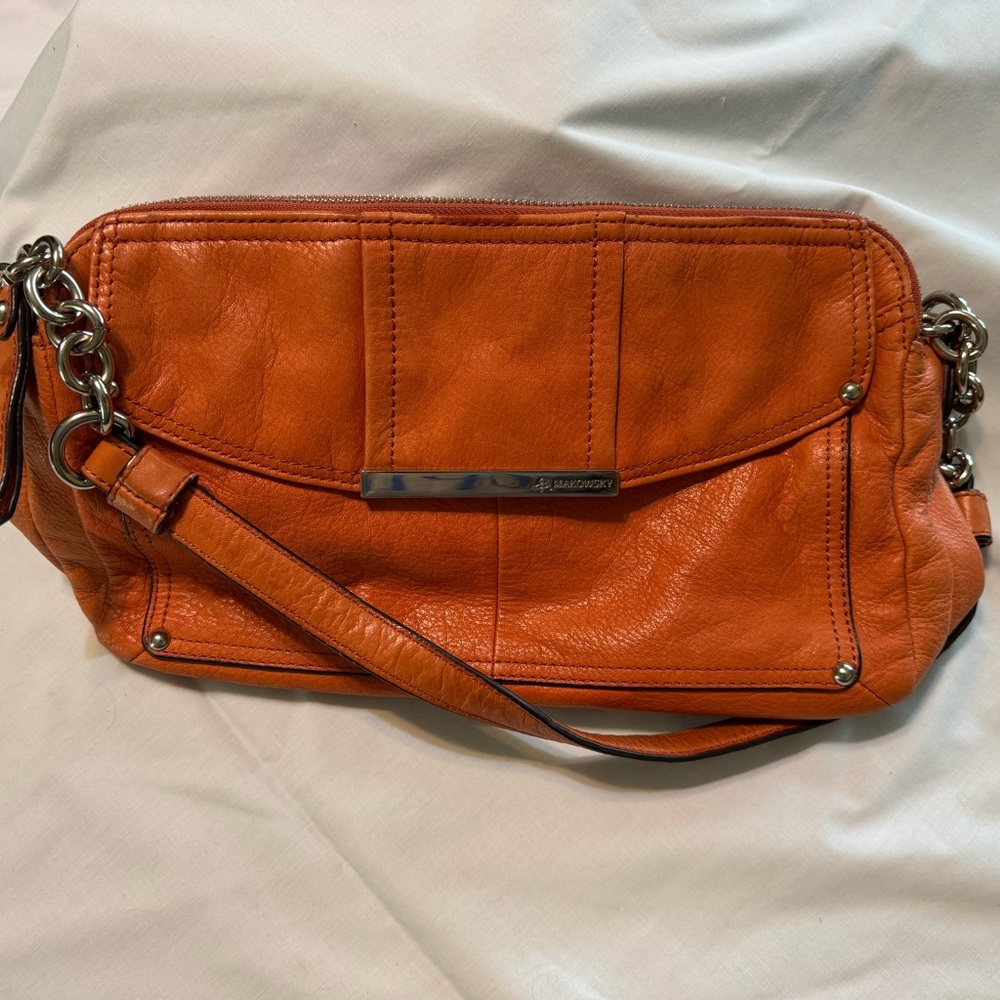 B. Makowsky Orange Crossbody Bag with Soft Leather and Timeless Style